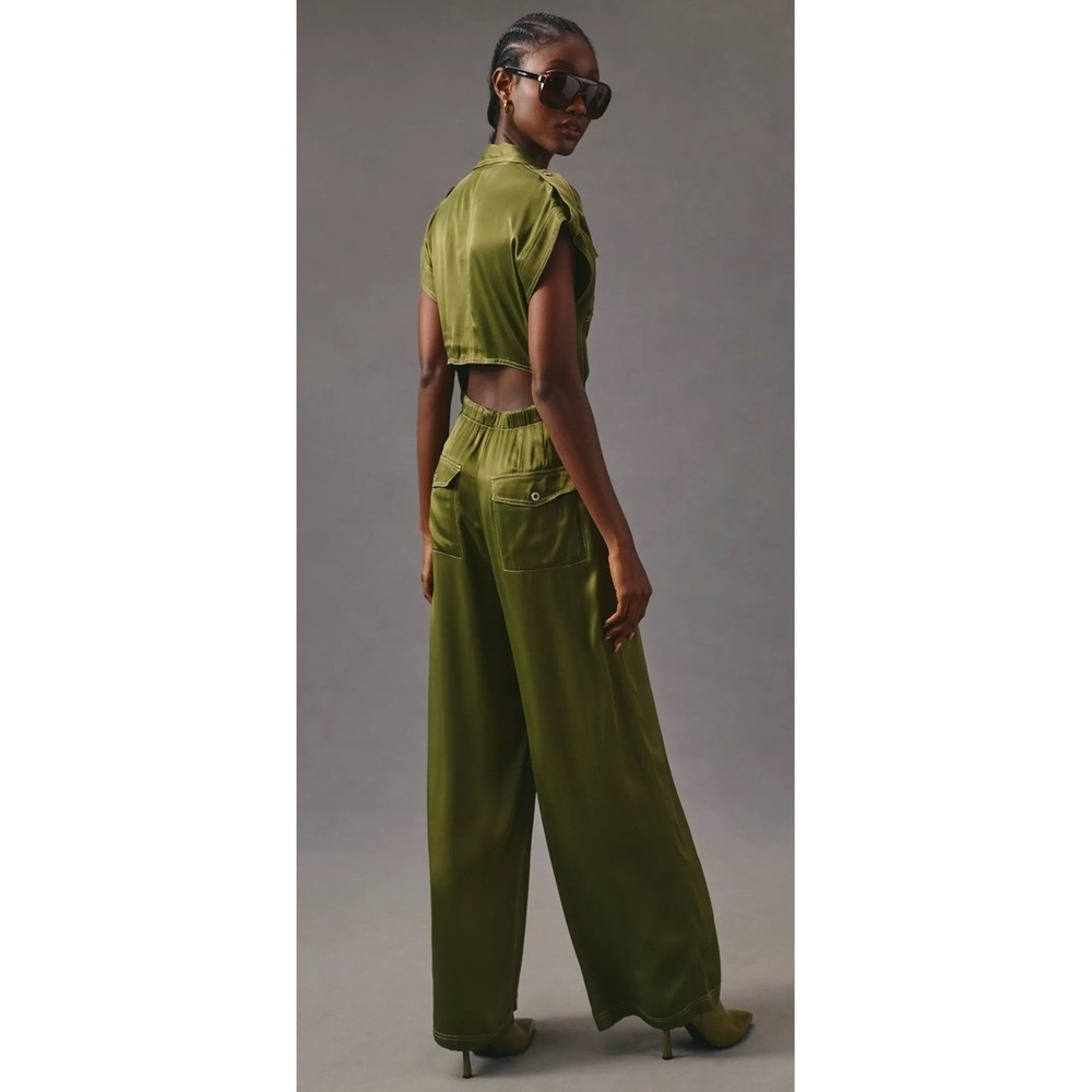 Anthropologie Open Back Boiler Suit Jumpsuit Olive Green Wide Leg Size 6 - Picture 2 of 9